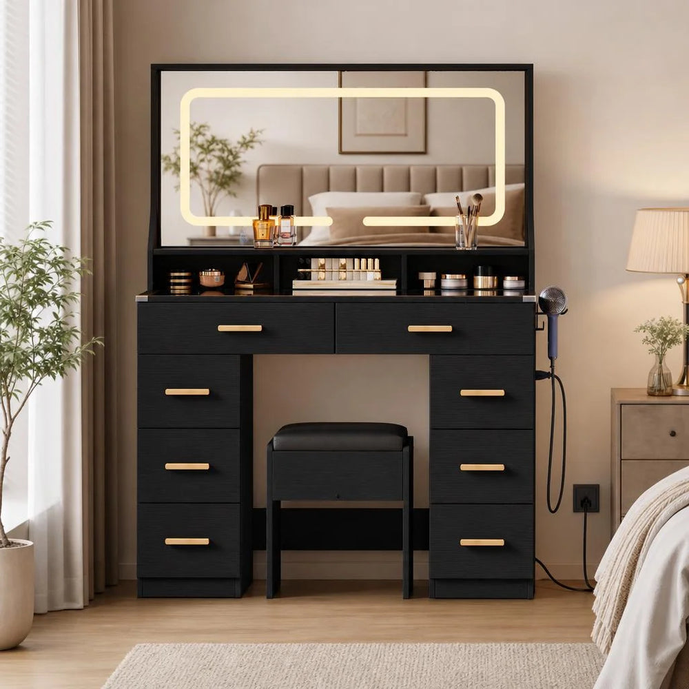**Modern LED Makeup Vanity Desk with Large Mirror, Glass Top, 8 Drawers, Charging Station & Storage Stool**  Wooden Bazar