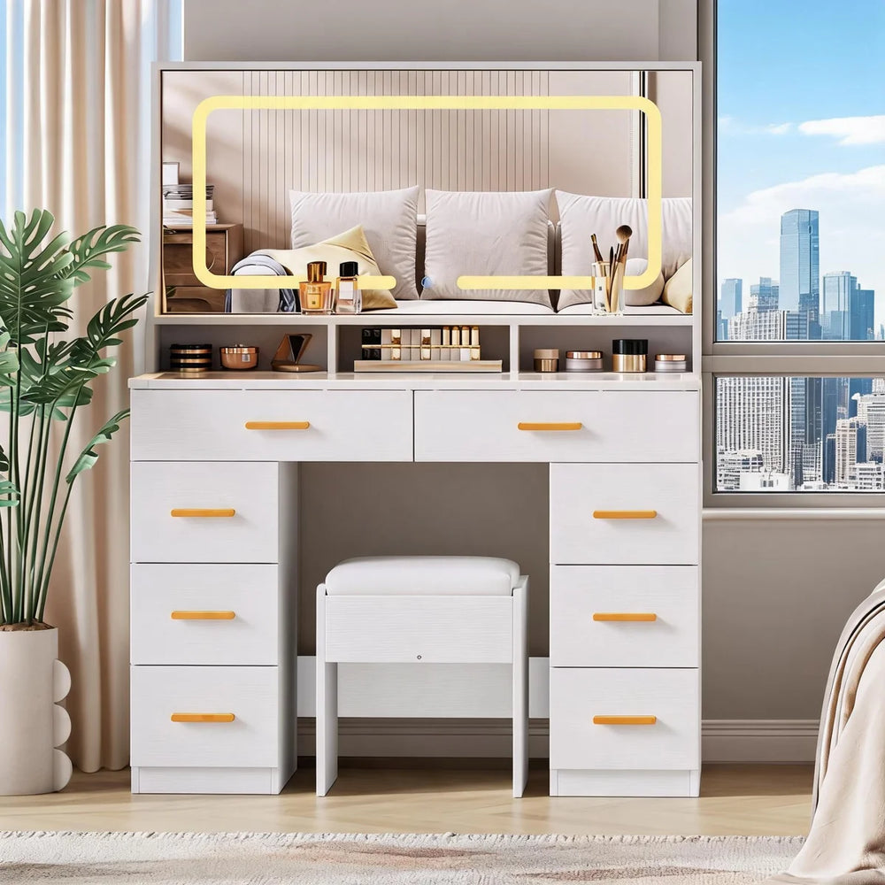 **Modern LED Makeup Vanity Desk with Large Mirror, Glass Top, 8 Drawers, Charging Station & Storage Stool**  Wooden Bazar