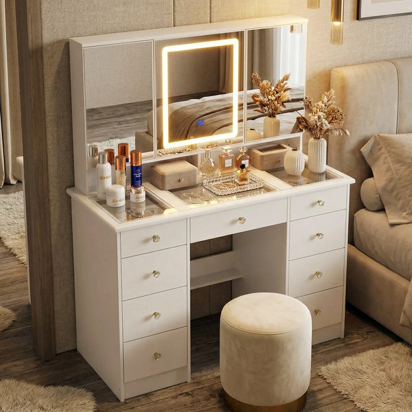43.3" Makeup Vanity Desk with Tri-Fold LED Lighted Mirror, 9 Drawers and Hidden Storage for Bedroom  Wooden  bazar