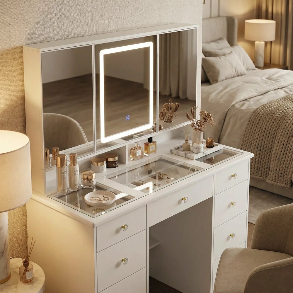 43.3" Makeup Vanity Desk with Tri-Fold LED Lighted Mirror, 9 Drawers and Hidden Storage for Bedroom  Wooden  bazar