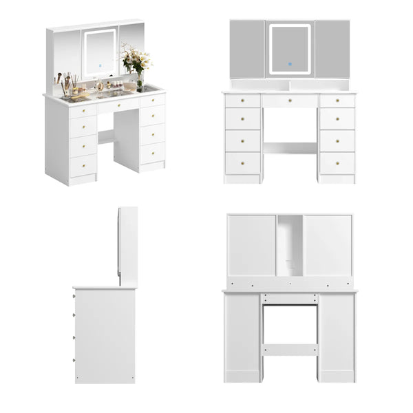 43.3" Makeup Vanity Desk with Tri-Fold LED Lighted Mirror, 9 Drawers and Hidden Storage for Bedroom  Wooden  bazar
