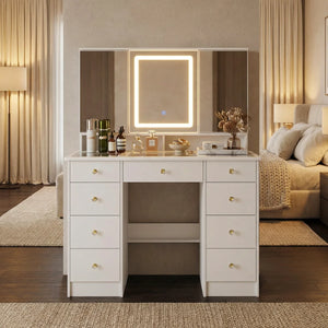 43.3" Makeup Vanity Desk with Tri-Fold LED Lighted Mirror, 9 Drawers and Hidden Storage for Bedroom  Wooden  bazar