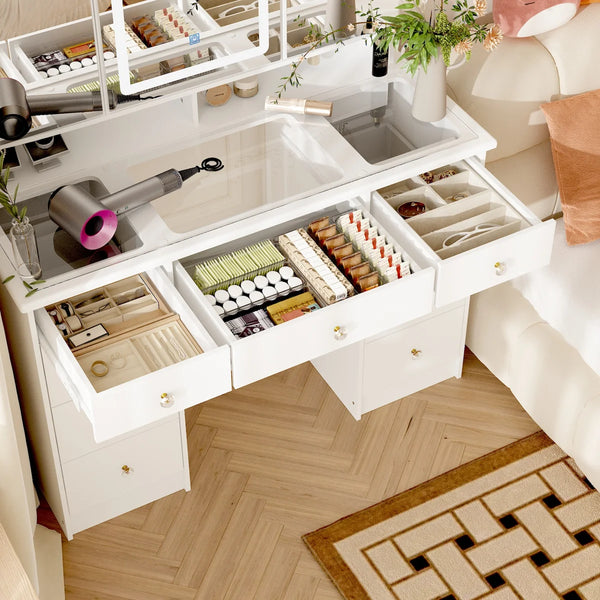 43.3" Makeup Vanity Desk with Tri-Fold LED Lighted Mirror, 9 Drawers and Hidden Storage for Bedroom  Wooden  bazar