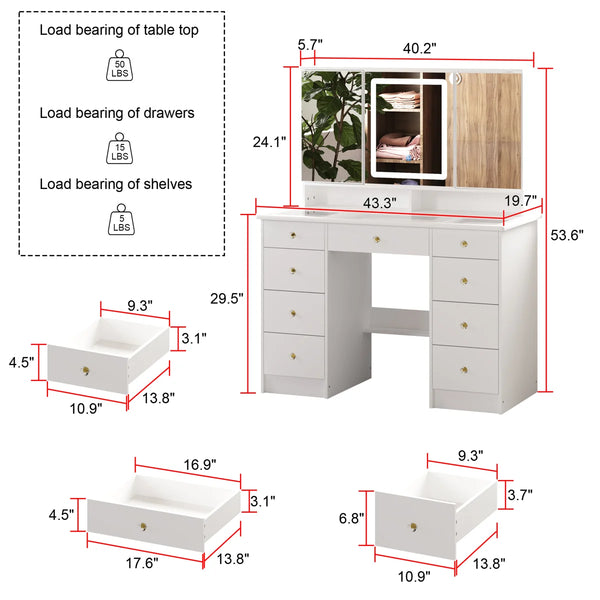 43.3" Makeup Vanity Desk with Tri-Fold LED Lighted Mirror, 9 Drawers and Hidden Storage for Bedroom  Wooden  bazar