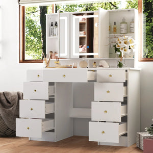 43.3" Makeup Vanity Desk with Tri-Fold LED Lighted Mirror, 9 Drawers and Hidden Storage for Bedroom  Wooden  bazar