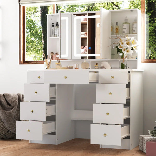 43.3" Makeup Vanity Desk with Tri-Fold LED Lighted Mirror, 9 Drawers and Hidden Storage for Bedroom  Wooden  bazar