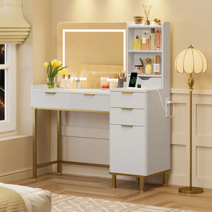 45.3" L Modern Style Vanity Desk with Mirror, LED Lights and Power Outlet  Wooden Bazar