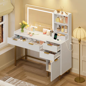 45.3" L Modern Style Vanity Desk with Mirror, LED Lights and Power Outlet  Wooden Bazar