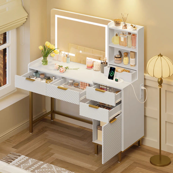 45.3" L Modern Style Vanity Desk with Mirror, LED Lights and Power Outlet  Wooden Bazar