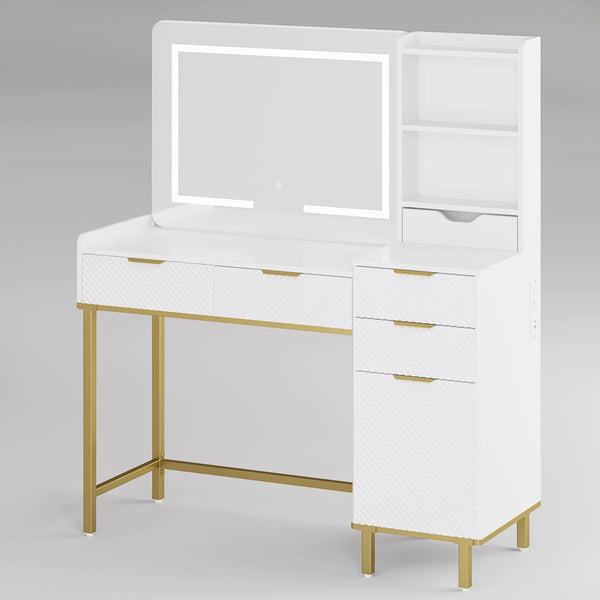 45.3" L Modern Style Vanity Desk with Mirror, LED Lights and Power Outlet  Wooden Bazar