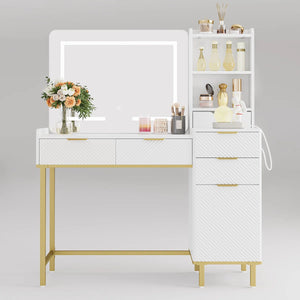45.3" L Modern Style Vanity Desk with Mirror, LED Lights and Power Outlet  Wooden Bazar
