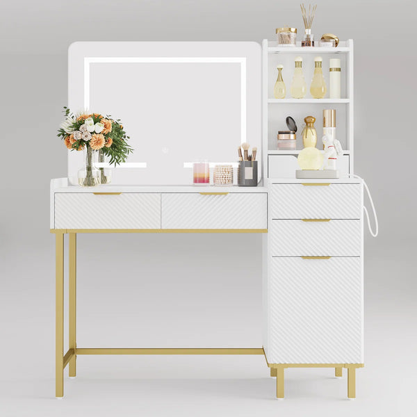 45.3" L Modern Style Vanity Desk with Mirror, LED Lights and Power Outlet  Wooden Bazar
