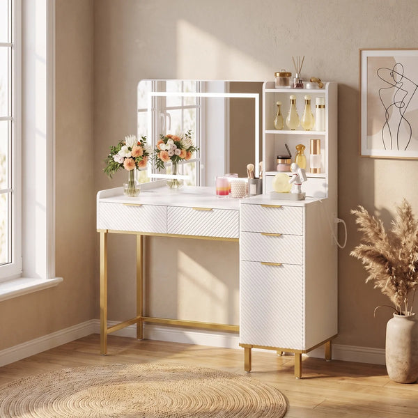 45.3" L Modern Style Vanity Desk with Mirror, LED Lights and Power Outlet  Wooden Bazar