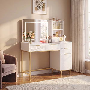 45.3" L Modern Style Vanity Desk with Mirror, LED Lights and Power Outlet  Wooden Bazar