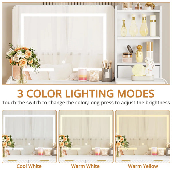 45.3" L Modern Style Vanity Desk with Mirror, LED Lights and Power Outlet  Wooden Bazar