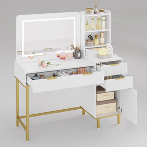 45.3" L Modern Style Vanity Desk with Mirror, LED Lights and Power Outlet  Wooden Bazar