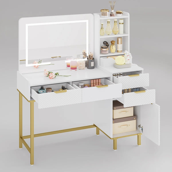 45.3" L Modern Style Vanity Desk with Mirror, LED Lights and Power Outlet  Wooden Bazar