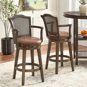 45" H Solid Wood and Cane Swivel Bar Stool (Set of 2)  Wooden Bazar