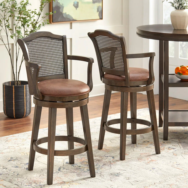 45" H Solid Wood and Cane Swivel Bar Stool (Set of 2)  Wooden Bazar