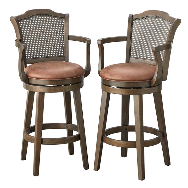45" H Solid Wood and Cane Swivel Bar Stool (Set of 2)  Wooden Bazar