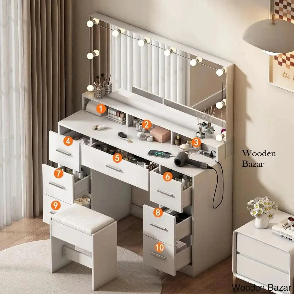 46.5’’ White Vanity Dressing Table With Power Outlet & 7 Drawer Bedroom Desk For Girls Women