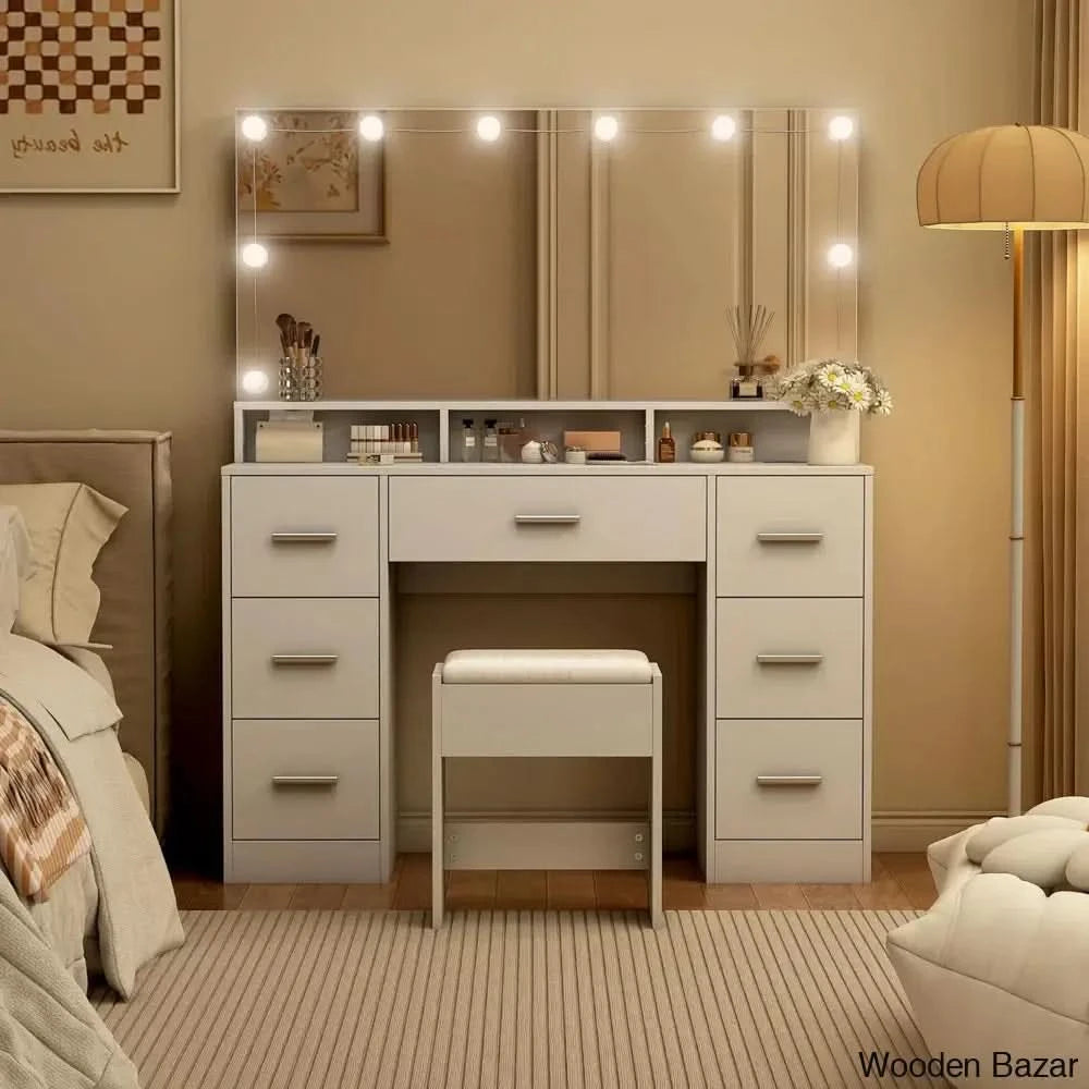 46.5’’ White Vanity Dressing Table With Power Outlet & 7 Drawer Bedroom Desk For Girls Women