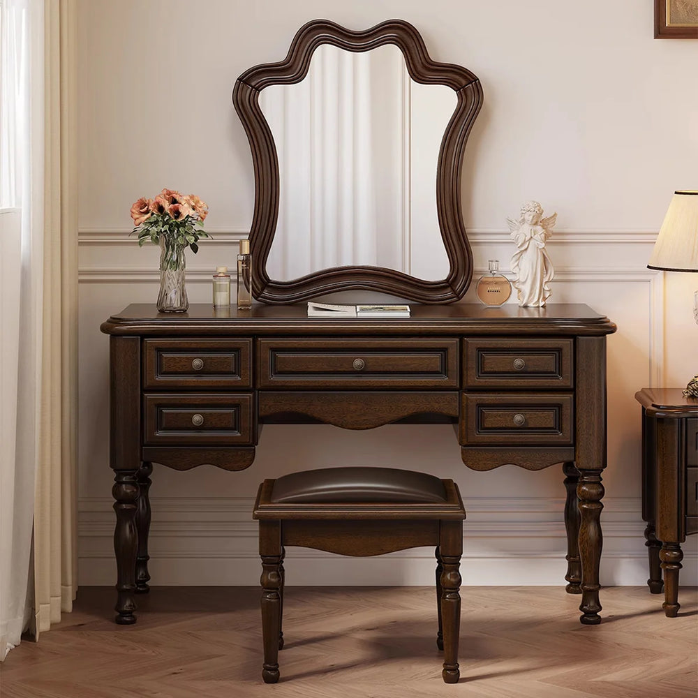Traditional Mahogany Brown Solid Wood Vanity Set with Mirror & Stool  Wooden Bazar
