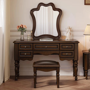 Traditional Mahogany Brown Solid Wood Vanity Set with Mirror & Stool  Wooden Bazar