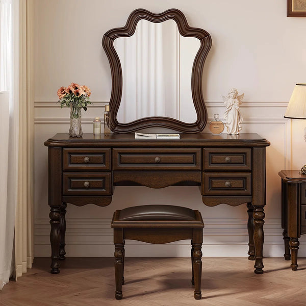 Traditional Mahogany Brown Solid Wood Vanity Set with Mirror & Stool  Wooden Bazar