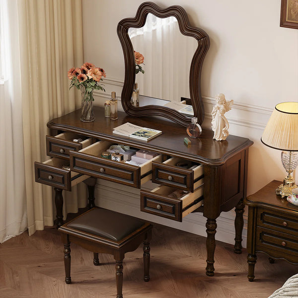 Traditional Mahogany Brown Solid Wood Vanity Set with Mirror & Stool  Wooden Bazar