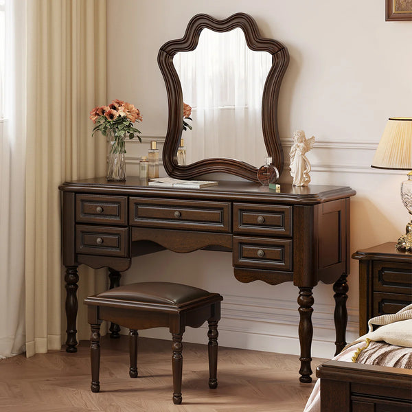 Traditional Mahogany Brown Solid Wood Vanity Set with Mirror & Stool  Wooden Bazar