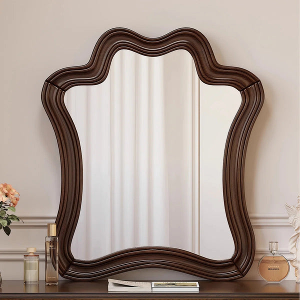 Traditional Mahogany Brown Solid Wood Vanity Set with Mirror & Stool  Wooden Bazar
