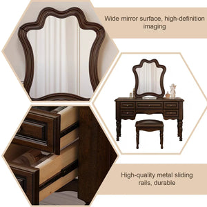 Traditional Mahogany Brown Solid Wood Vanity Set with Mirror & Stool  Wooden Bazar