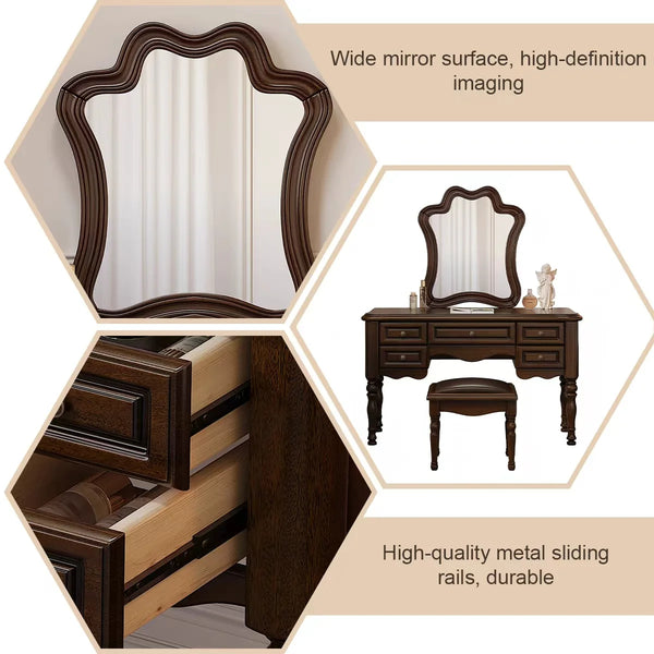 Traditional Mahogany Brown Solid Wood Vanity Set with Mirror & Stool  Wooden Bazar