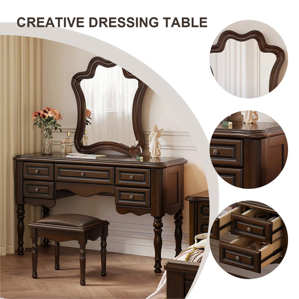 Traditional Mahogany Brown Solid Wood Vanity Set with Mirror & Stool  Wooden Bazar