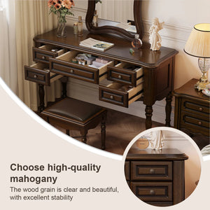 Traditional Mahogany Brown Solid Wood Vanity Set with Mirror & Stool  Wooden Bazar