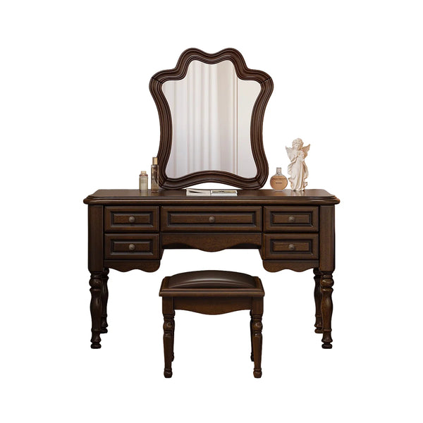 Traditional Mahogany Brown Solid Wood Vanity Set with Mirror & Stool  Wooden Bazar
