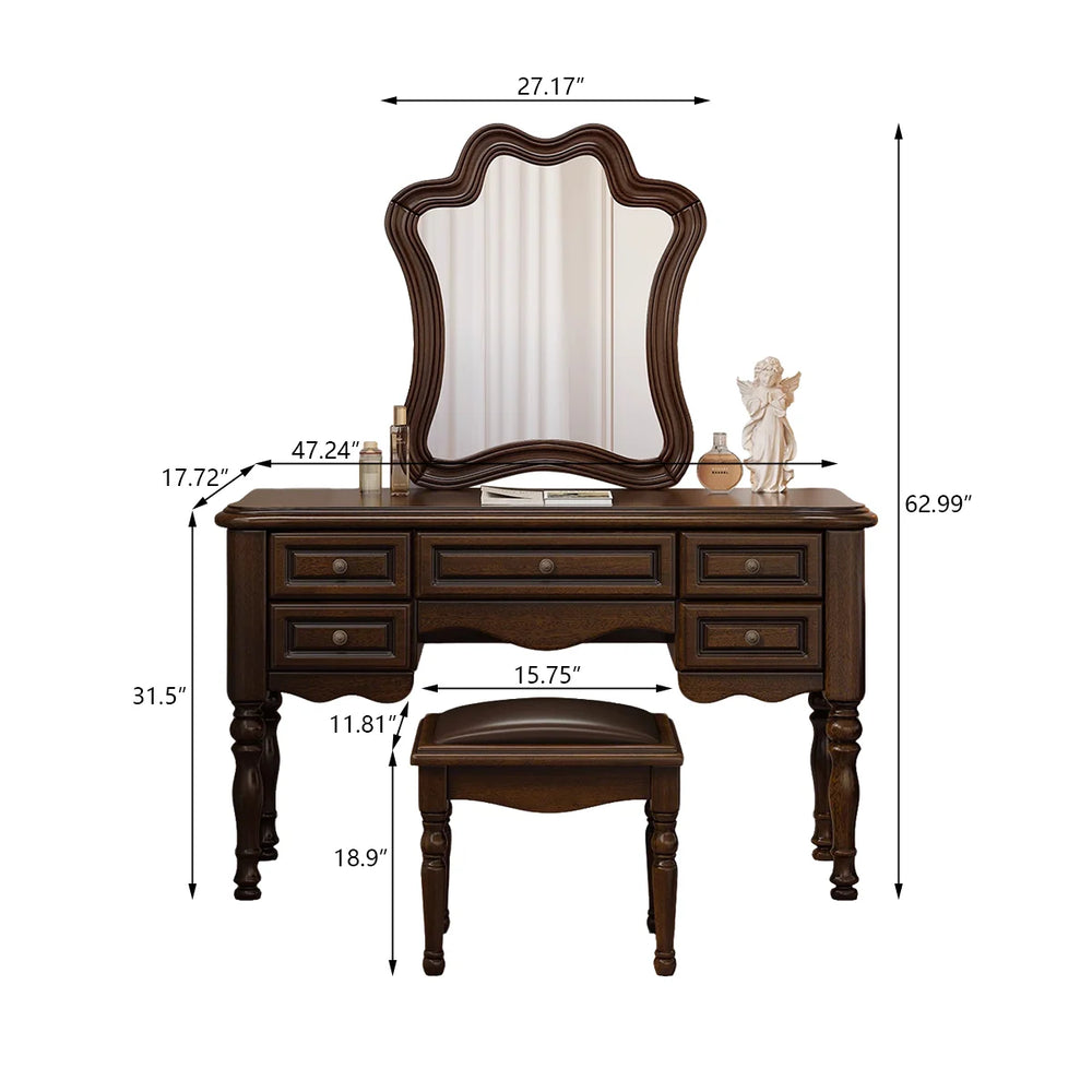 Traditional Mahogany Brown Solid Wood Vanity Set with Mirror & Stool  Wooden Bazar