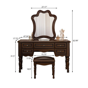 Traditional Mahogany Brown Solid Wood Vanity Set with Mirror & Stool  Wooden Bazar
