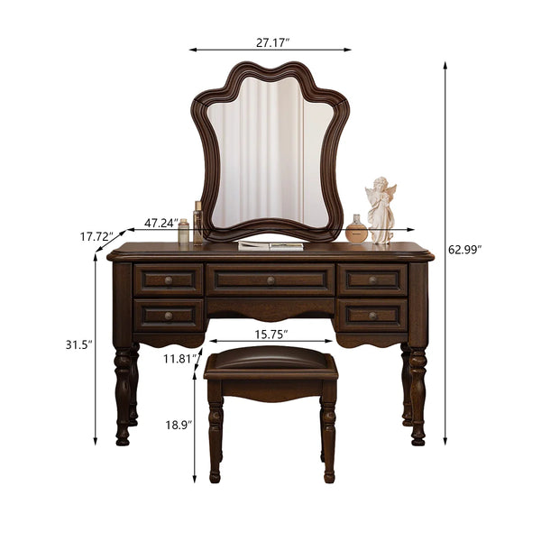 Traditional Mahogany Brown Solid Wood Vanity Set with Mirror & Stool  Wooden Bazar