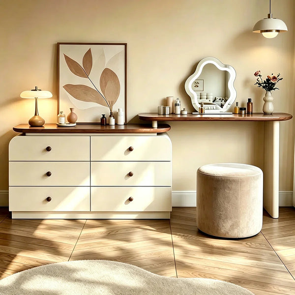 47.24" modern cream-colored vanity table, extendable to 94.48", with 6 drawers, L-shaped solid wood vanity set with a rotating tabletop  Wooden Bazar