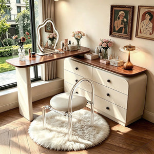47.24" modern cream-colored vanity table, extendable to 94.48", with 6 drawers, L-shaped solid wood vanity set with a rotating tabletop  Wooden Bazar