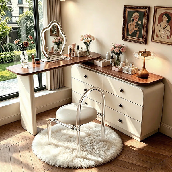 47.24" modern cream-colored vanity table, extendable to 94.48", with 6 drawers, L-shaped solid wood vanity set with a rotating tabletop  Wooden Bazar