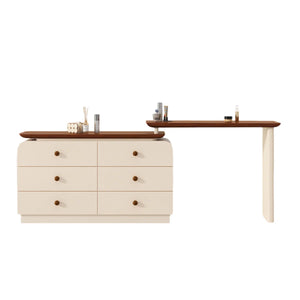 47.24" modern cream-colored vanity table, extendable to 94.48", with 6 drawers, L-shaped solid wood vanity set with a rotating tabletop  Wooden Bazar
