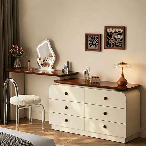 47.24" modern cream-colored vanity table, extendable to 94.48", with 6 drawers, L-shaped solid wood vanity set with a rotating tabletop  Wooden Bazar