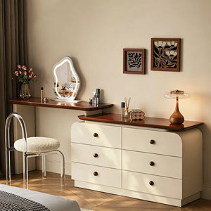 47.24" modern cream-colored vanity table, extendable to 94.48", with 6 drawers, L-shaped solid wood vanity set with a rotating tabletop  Wooden Bazar