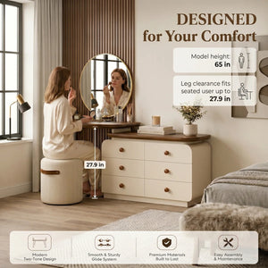 47.24" modern cream-colored vanity table, extendable to 94.48", with 6 drawers, L-shaped solid wood vanity set with a rotating tabletop  Wooden Bazar