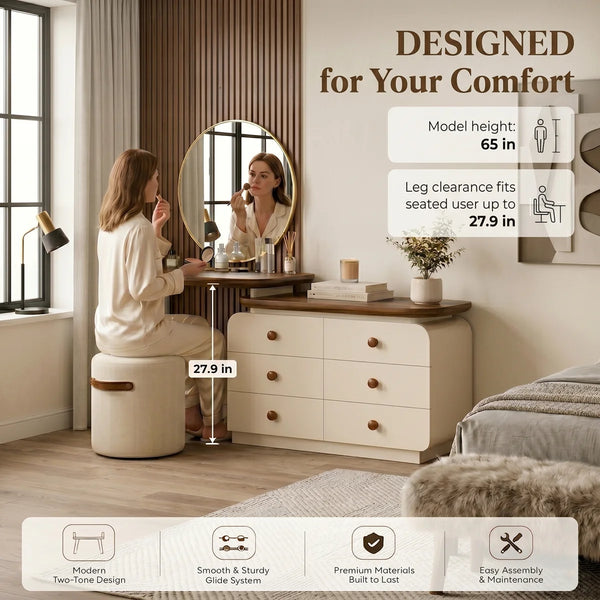 47.24" modern cream-colored vanity table, extendable to 94.48", with 6 drawers, L-shaped solid wood vanity set with a rotating tabletop  Wooden Bazar
