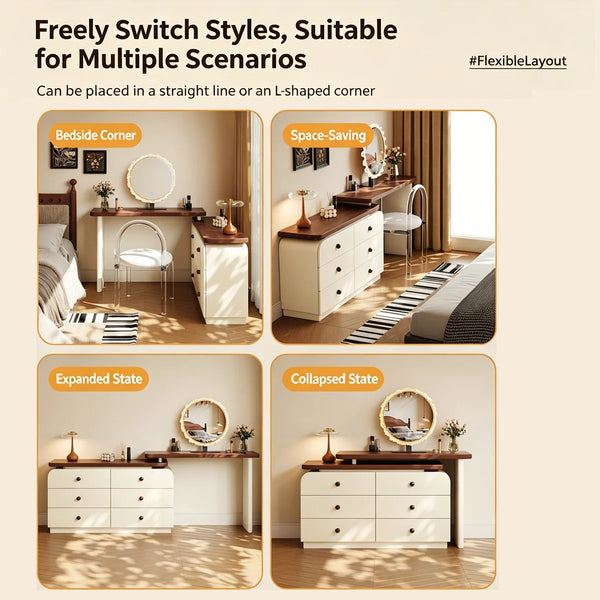 47.24" modern cream-colored vanity table, extendable to 94.48", with 6 drawers, L-shaped solid wood vanity set with a rotating tabletop  Wooden Bazar