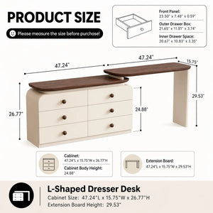 47.24" modern cream-colored vanity table, extendable to 94.48", with 6 drawers, L-shaped solid wood vanity set with a rotating tabletop  Wooden Bazar